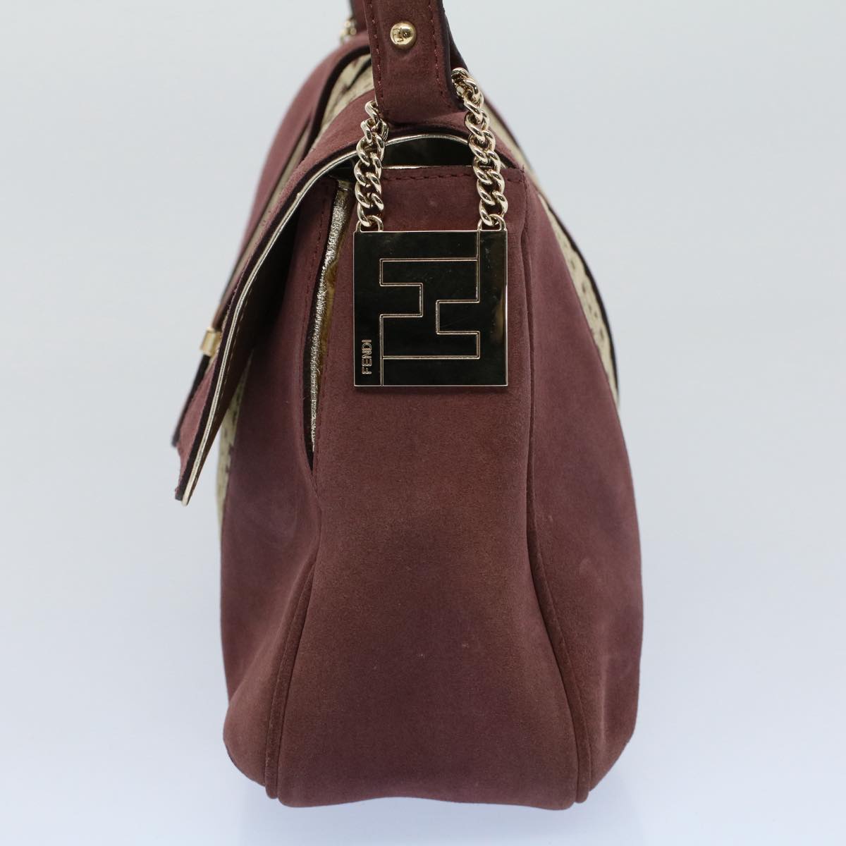FENDI Zucchino Canvas Chain Shoulder Bag Beige Auth yk8513