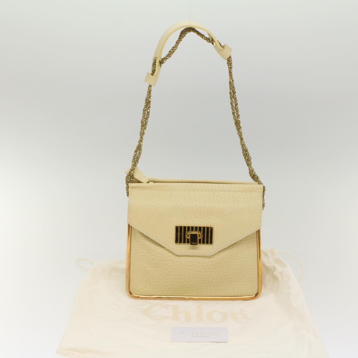 Chloe Chain Sally Shoulder Bag Leather Beige Auth yk8515