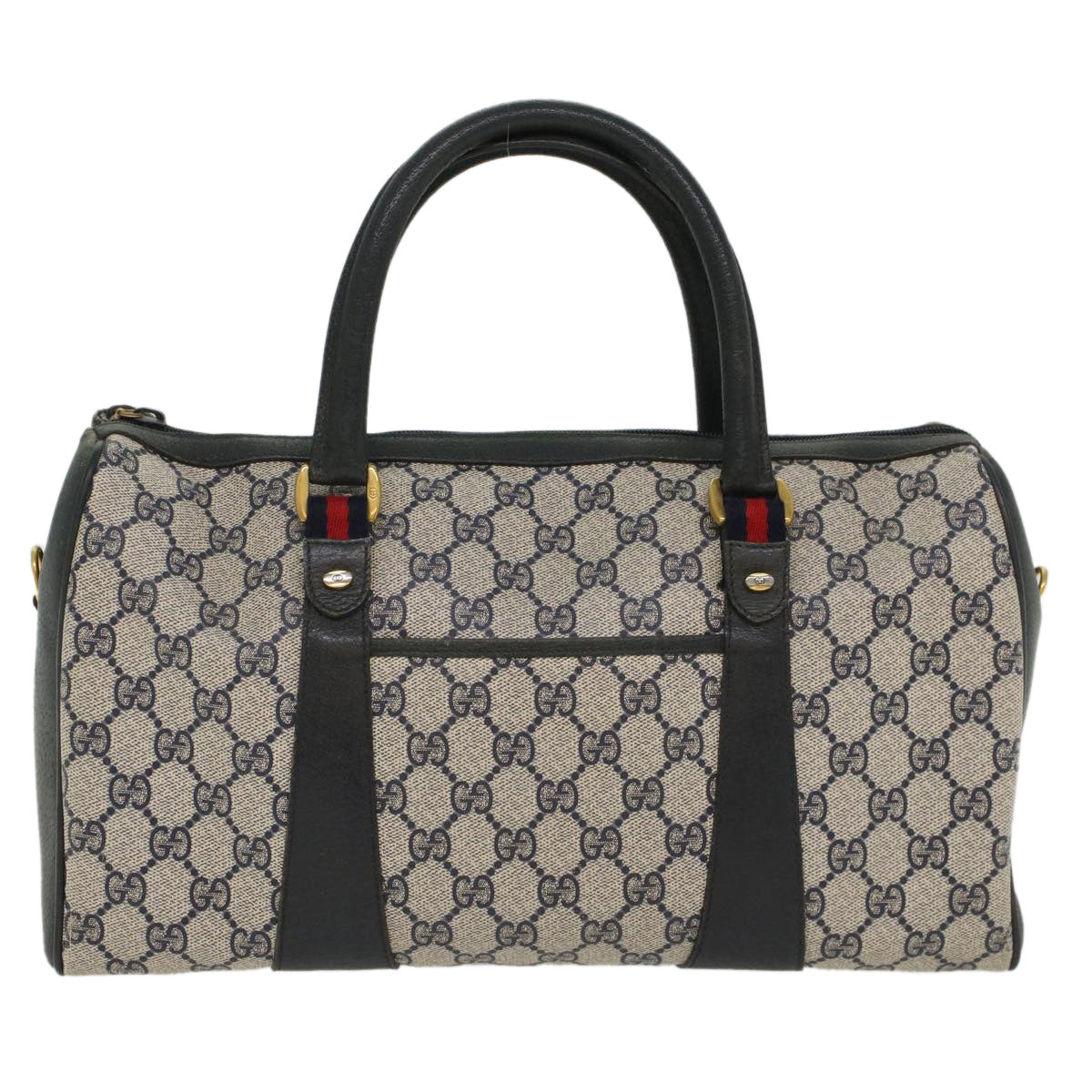 GUCCI GG Canvas Sherry Line Boston Bag PVC Leather Gray Red Navy Auth yk8527 - 0