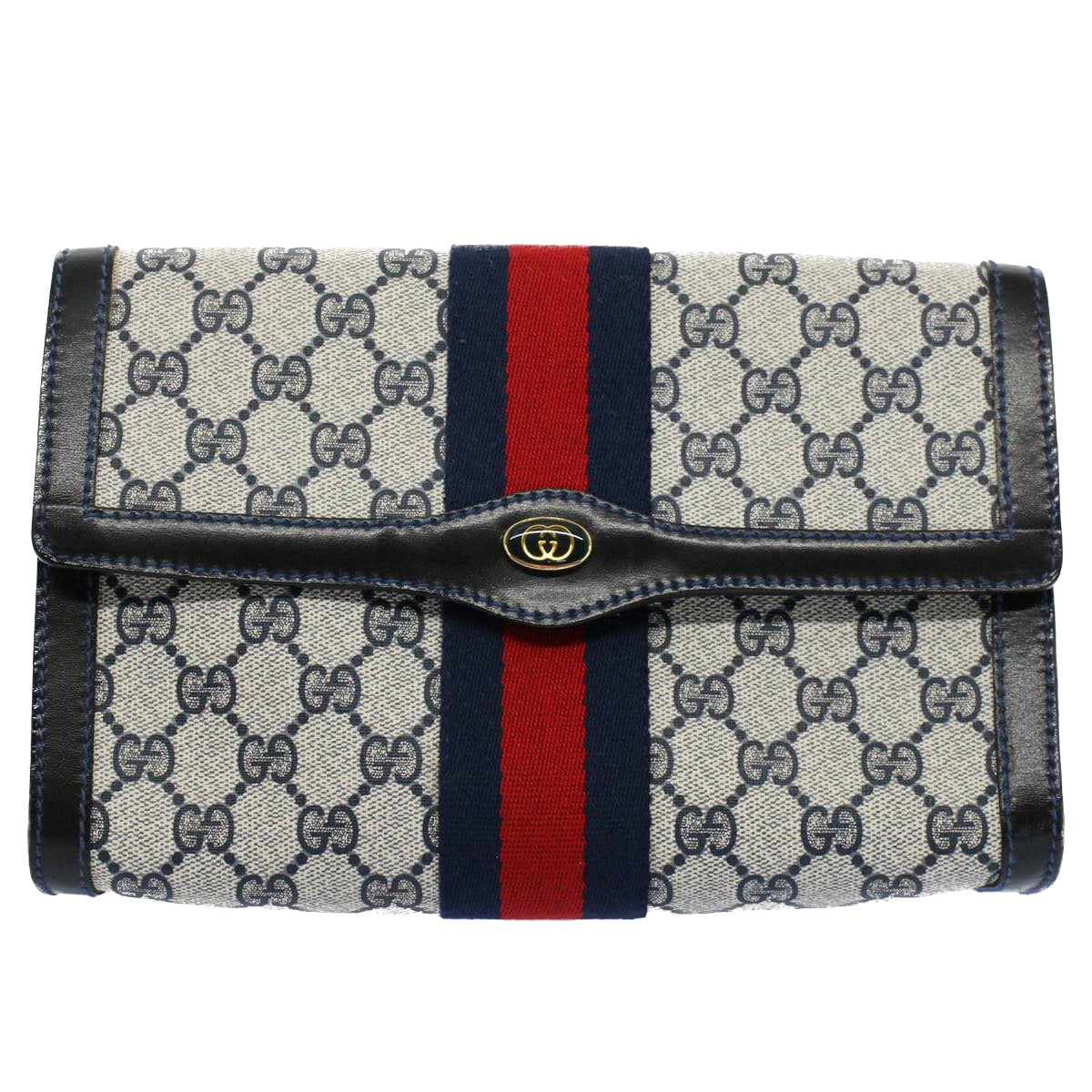 GUCCI GG Canvas Sherry Line Clutch Bag Red Navy gray 67.014.3087 Auth yk8536