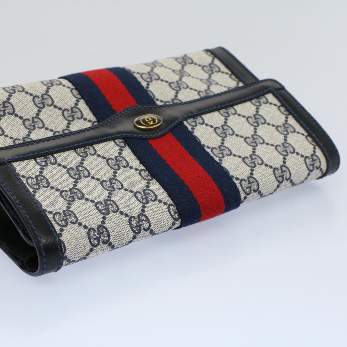 GUCCI GG Canvas Sherry Line Clutch Bag Red Navy gray 67.014.3087 Auth yk8536