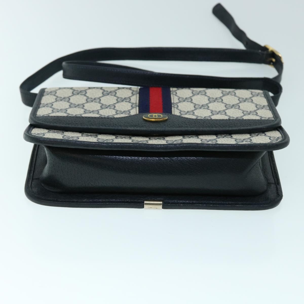 GUCCI GG Canvas Sherry Line Shoulder Bag PVC Leather Gray Red Navy Auth yk8588