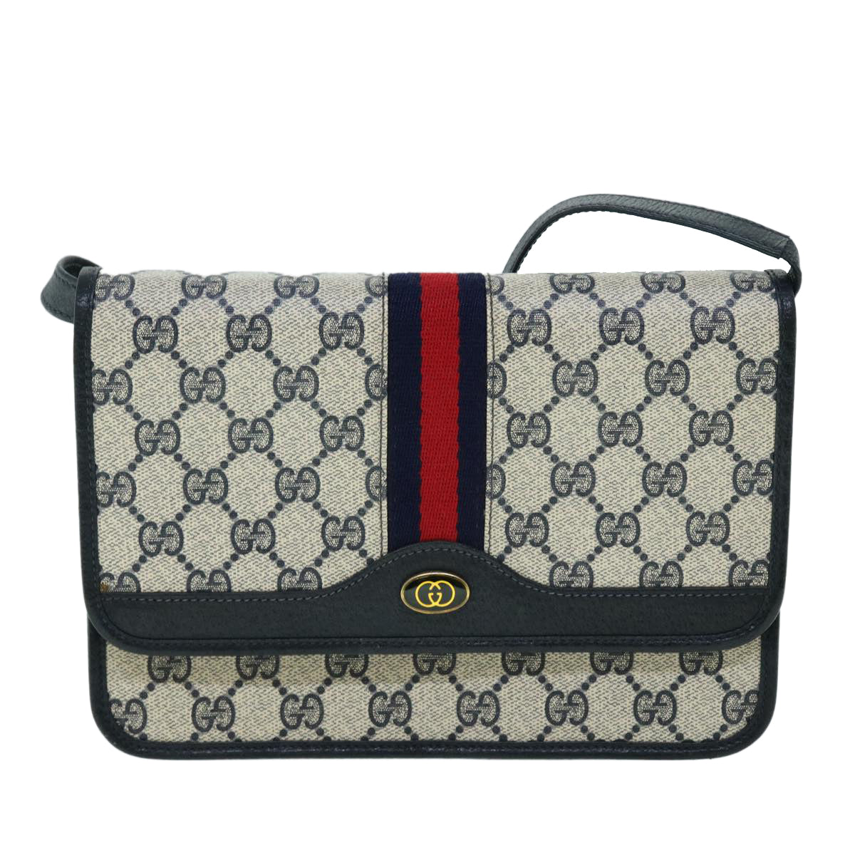 GUCCI GG Canvas Sherry Line Shoulder Bag PVC Leather Gray Red Navy Auth yk8588