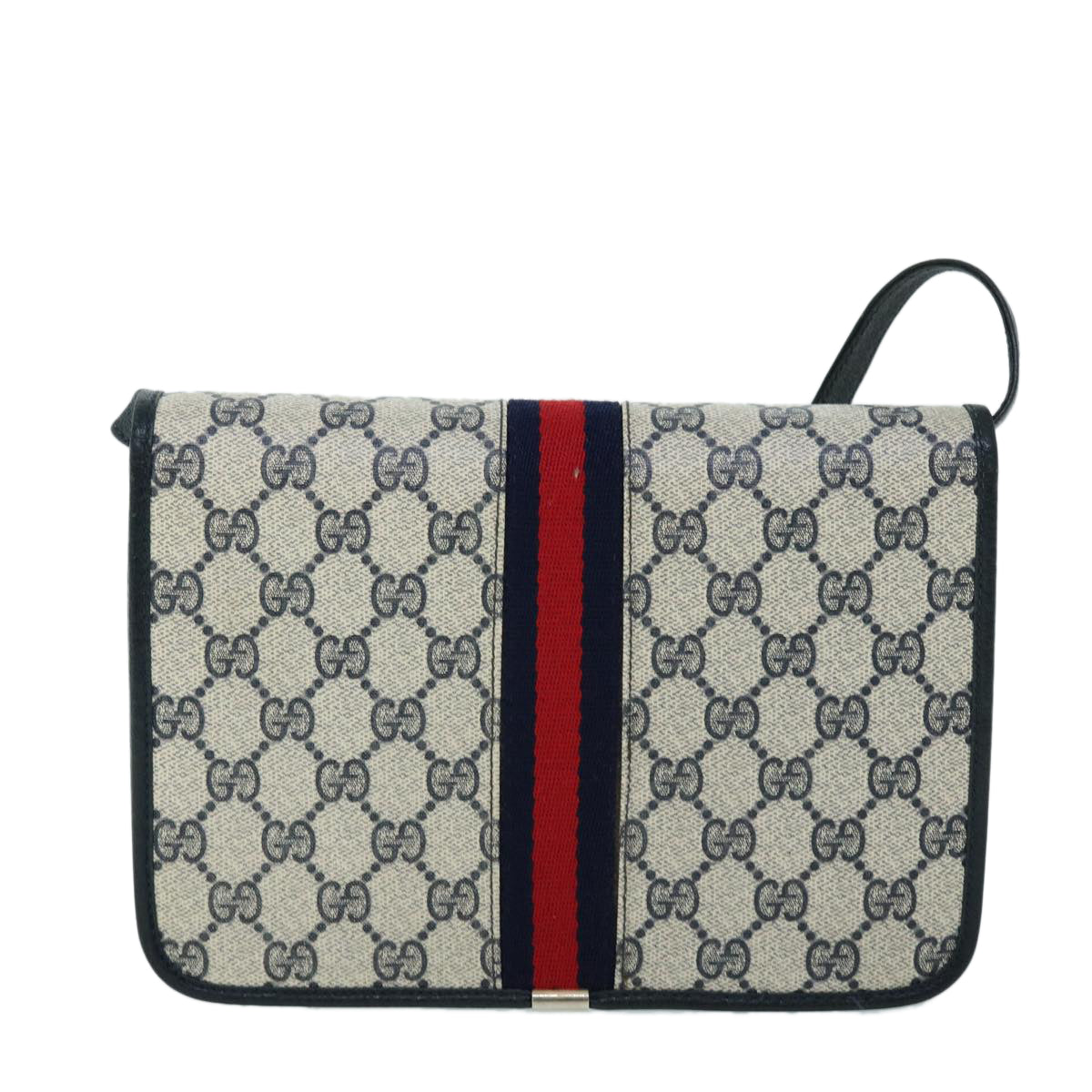 GUCCI GG Canvas Sherry Line Shoulder Bag PVC Leather Gray Red Navy Auth yk8588 - 0