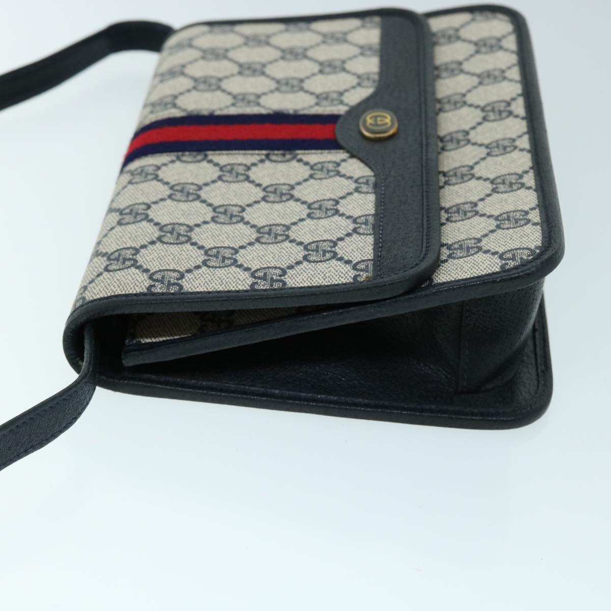 GUCCI GG Canvas Sherry Line Shoulder Bag PVC Leather Gray Red Navy Auth yk8588