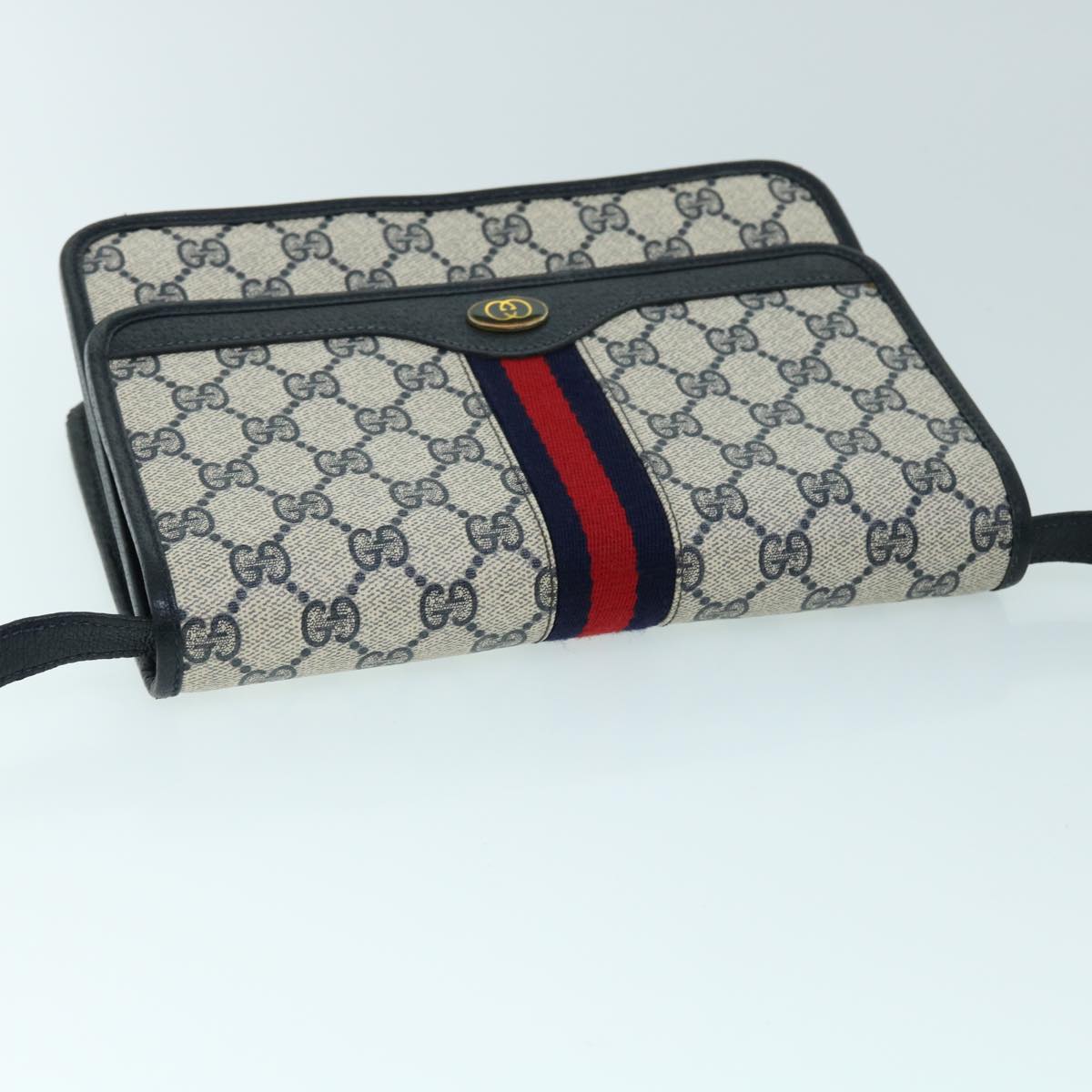 GUCCI GG Canvas Sherry Line Shoulder Bag PVC Leather Gray Red Navy Auth yk8588