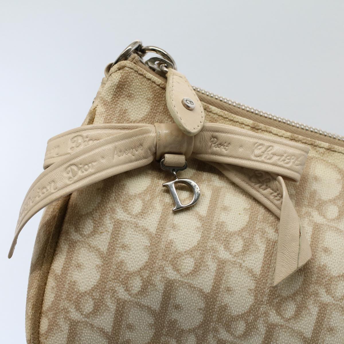 Christian Dior Trotter Canvas Chain Shoulder Bag PVC Leather Beige Auth yk8614