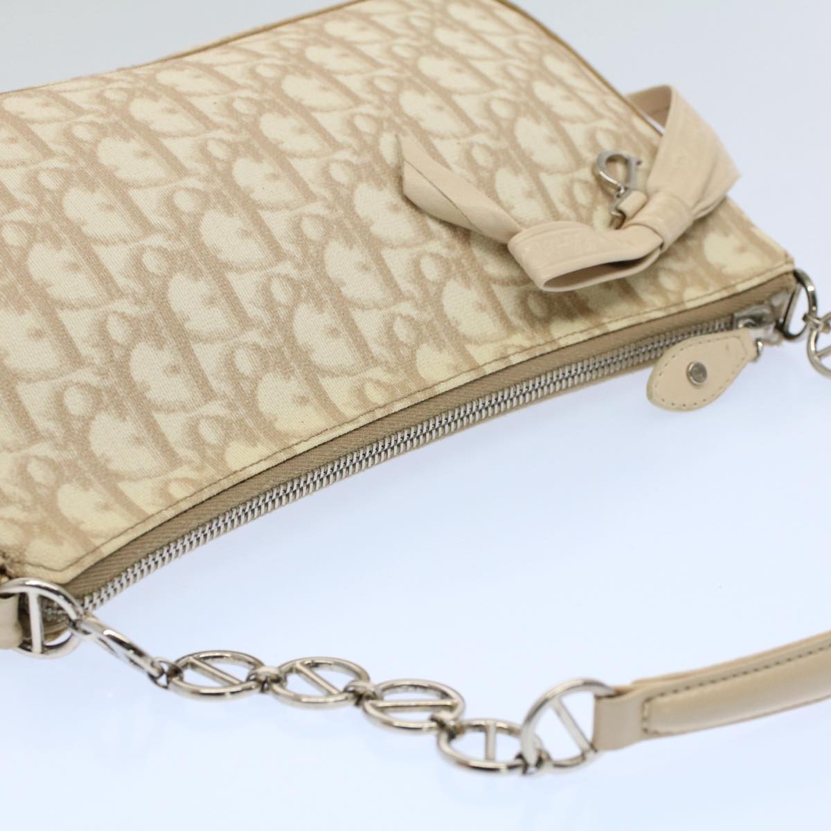 Christian Dior Trotter Canvas Chain Shoulder Bag PVC Leather Beige Auth yk8614