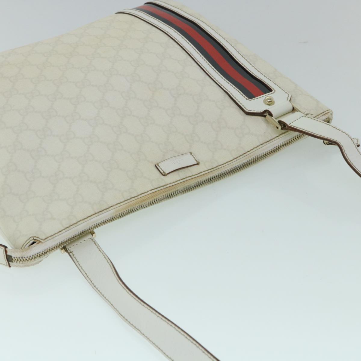 GUCCI GG Canvas Sherry Line Shoulder Bag White Red Navy 152608 Auth yk8621