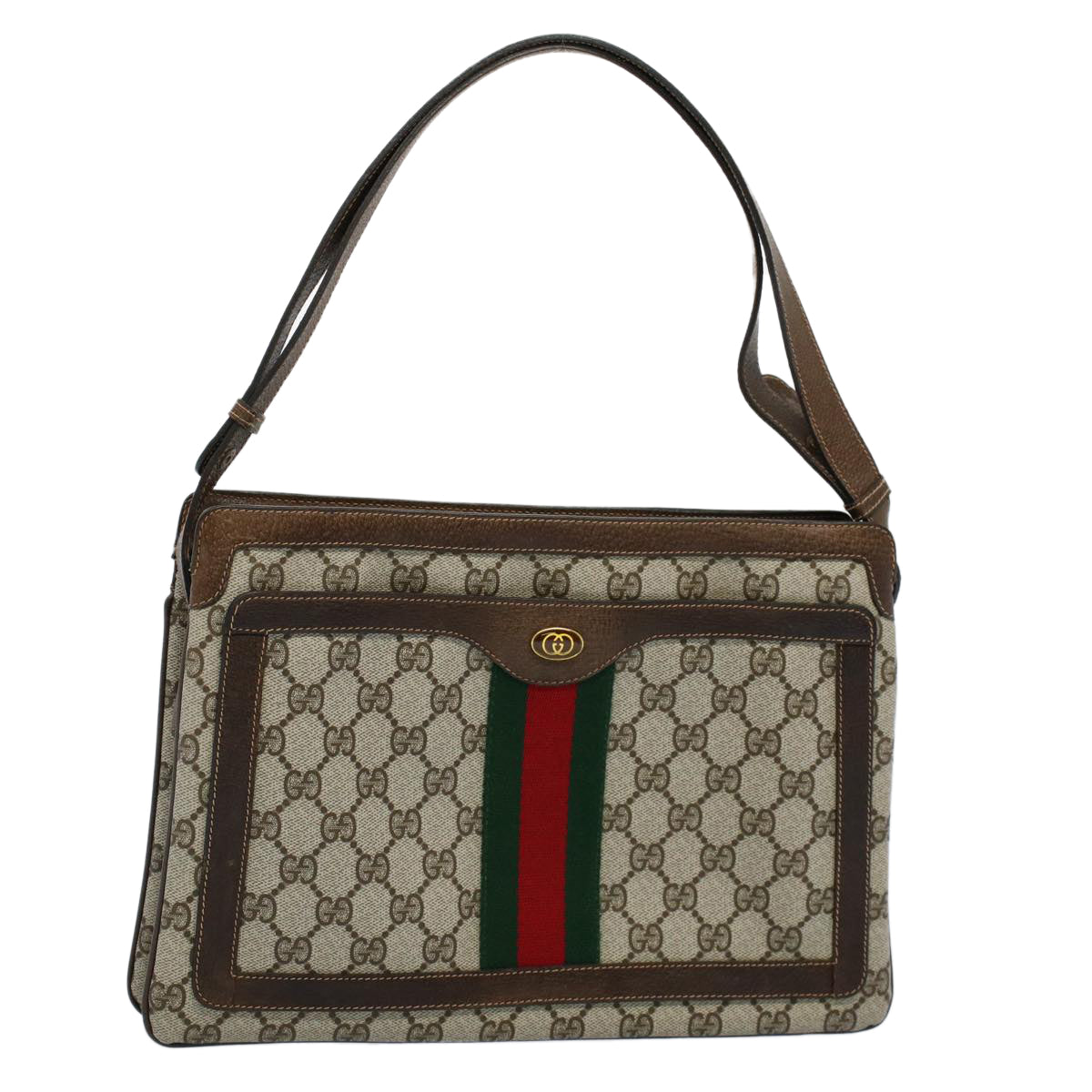 GUCCI GG Canvas Web Sherry Line Shoulder Bag PVC Leather Beige Red Auth yk8640