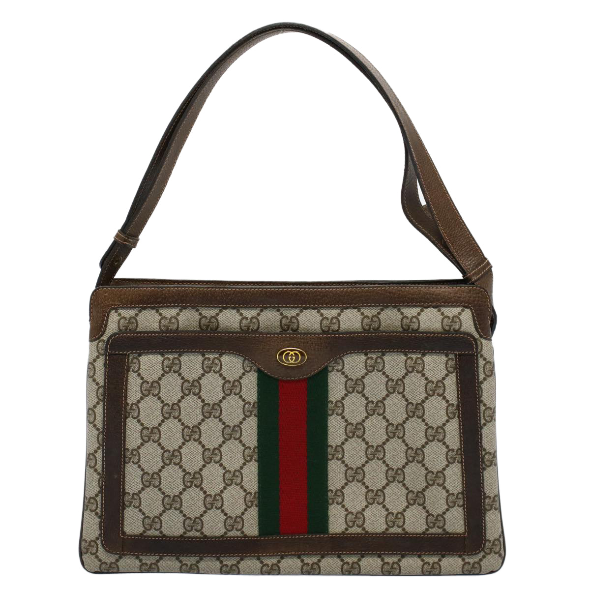 GUCCI GG Canvas Web Sherry Line Shoulder Bag PVC Leather Beige Red Auth yk8640