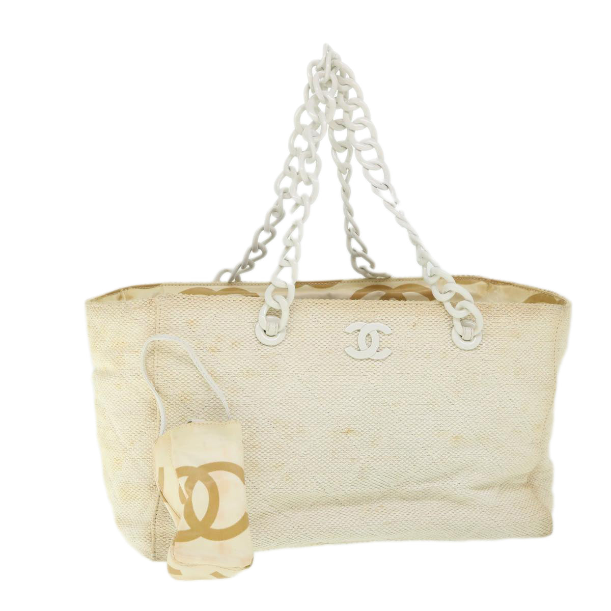 CHANEL Matelasse Chain Shoulder Bag Straw White CC Auth yk8642