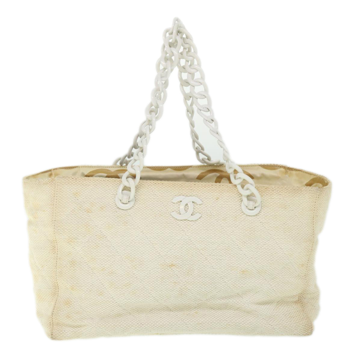 CHANEL Matelasse Chain Shoulder Bag Straw White CC Auth yk8642