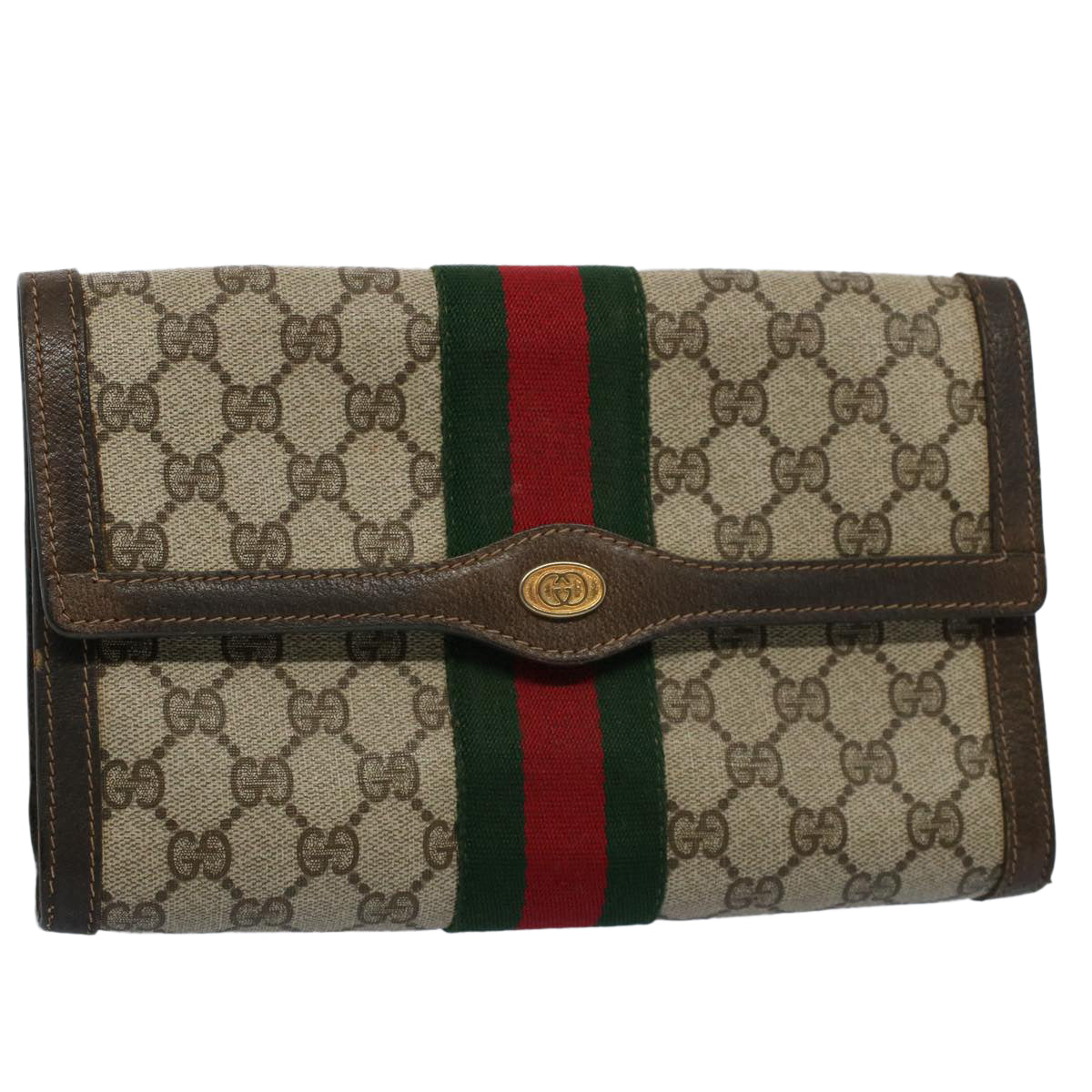 GUCCI GG Canvas Web Sherry Line Clutch Bag Beige Red 41 014 3087 25 Auth yk8666