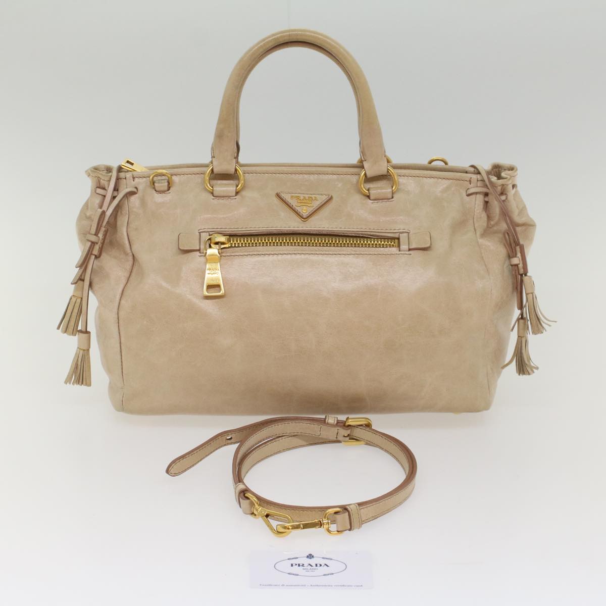 PRADA Hand Bag Leather 2way Beige Auth yk8688