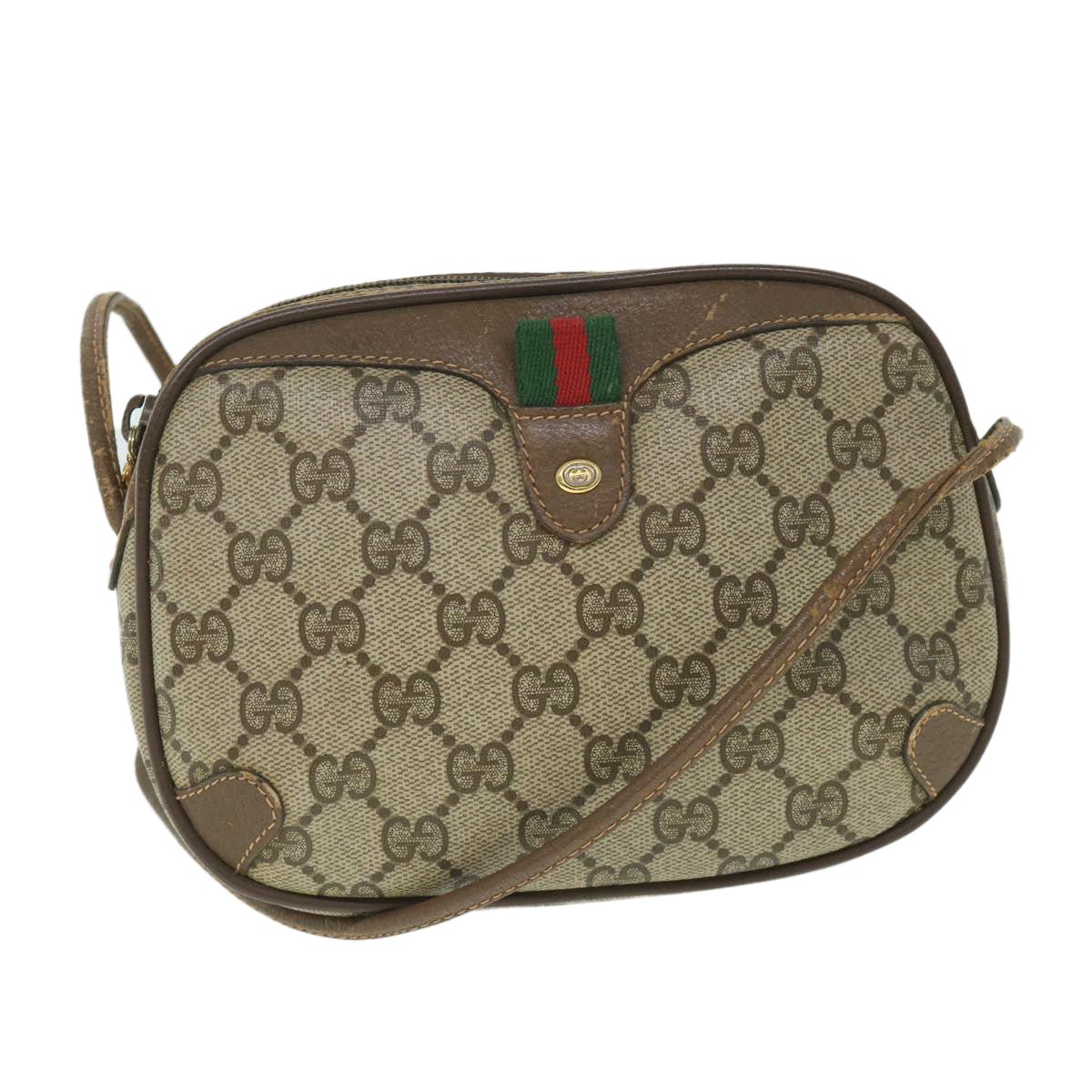 GUCCI GG Supreme Web Sherry Line Shoulder Bag Beige Red 156 02 066 Auth yk8787