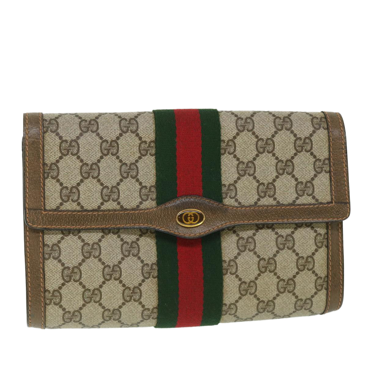 GUCCI GG Supreme Web Sherry Line Clutch Bag Beige Red 89 01 006 Auth yk8795