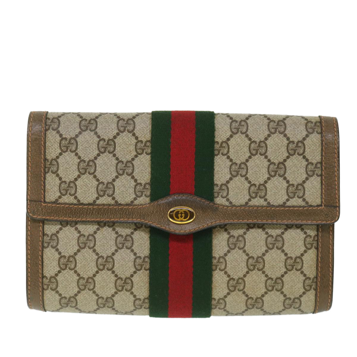 GUCCI GG Supreme Web Sherry Line Clutch Bag Beige Red 89 01 006 Auth yk8795