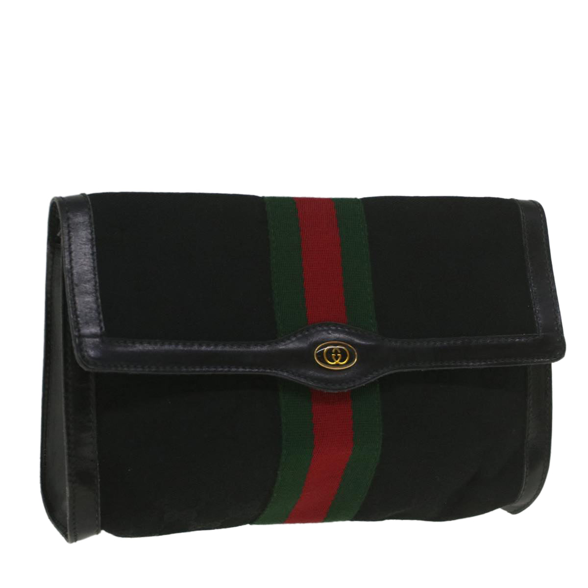 GUCCI GG Canvas Web Sherry Line Shoulder Bag Black Green Red Auth yk8868