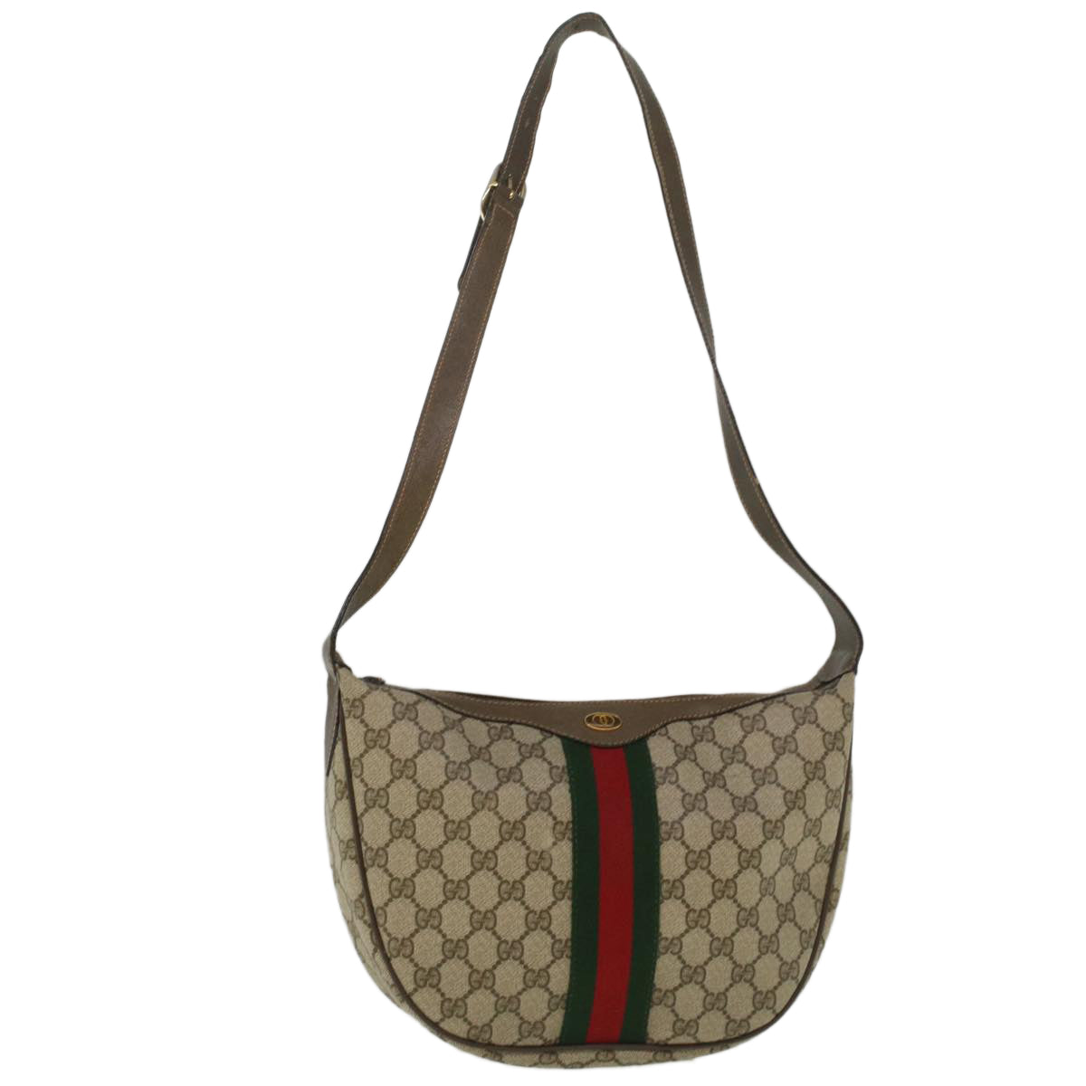 GUCCI GG Canvas Web Sherry Line Shoulder Bag PVC Leather Beige Green Auth yk8891