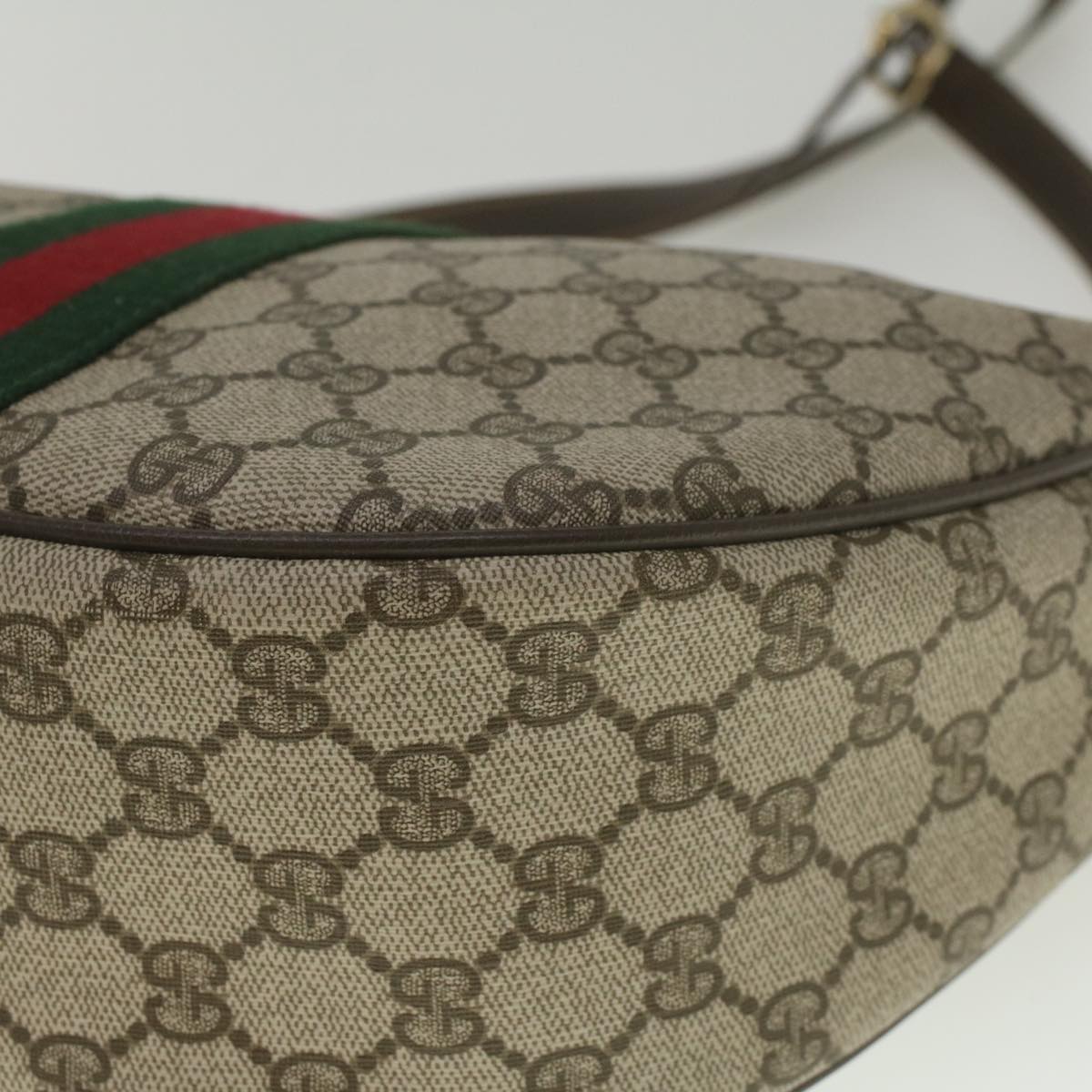 GUCCI GG Canvas Web Sherry Line Shoulder Bag PVC Leather Beige Green Auth yk8891