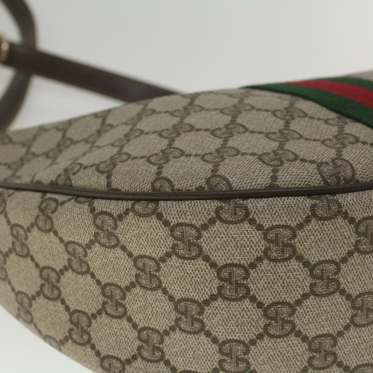 GUCCI GG Canvas Web Sherry Line Shoulder Bag PVC Leather Beige Green Auth yk8891