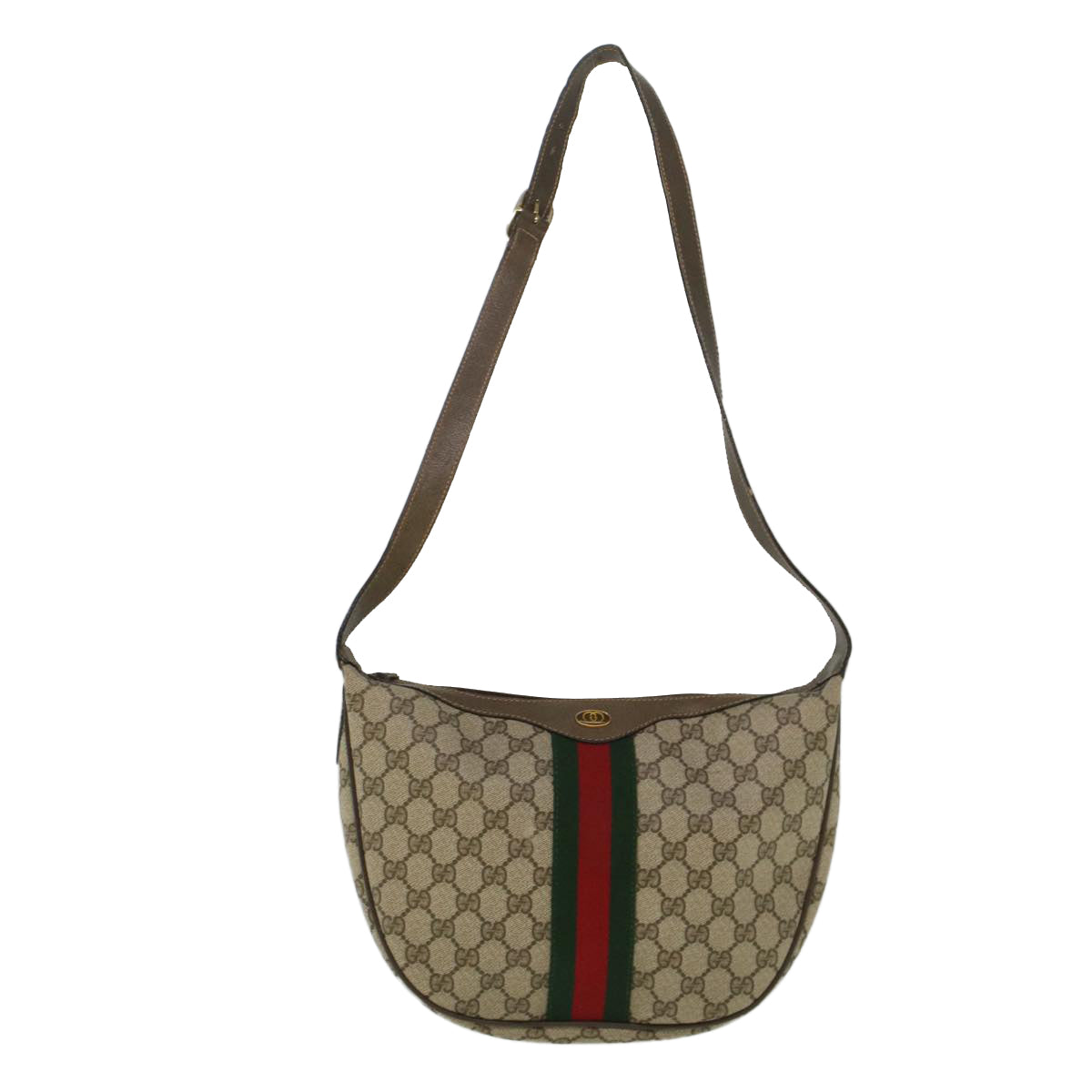 GUCCI GG Canvas Web Sherry Line Shoulder Bag PVC Leather Beige Green Auth yk8891