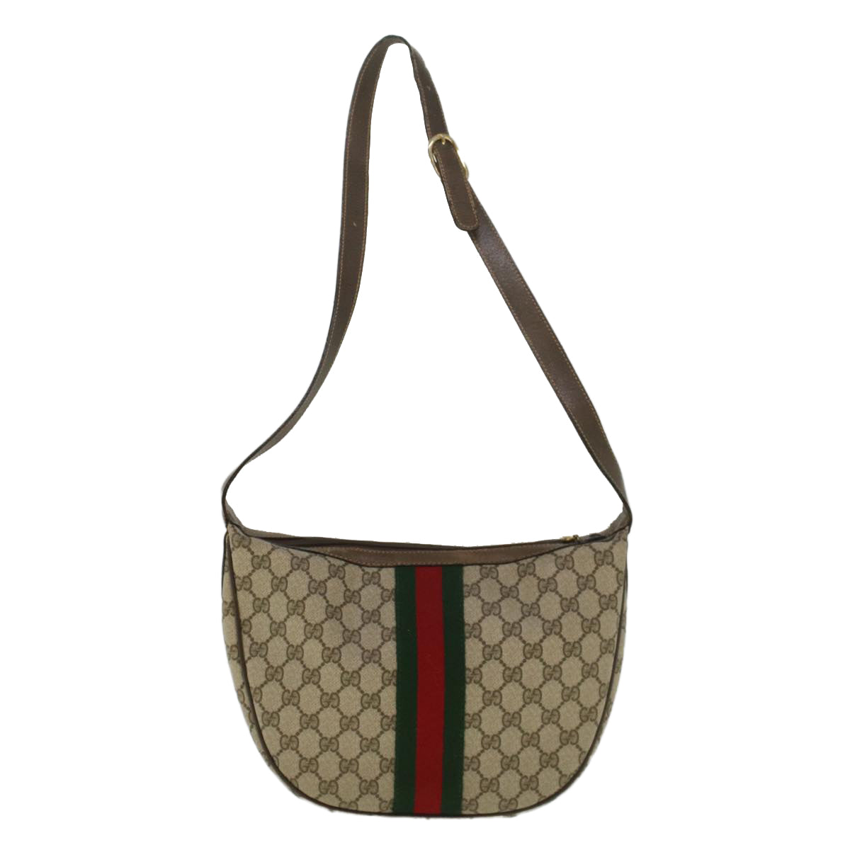 GUCCI GG Canvas Web Sherry Line Shoulder Bag PVC Leather Beige Green Auth yk8891