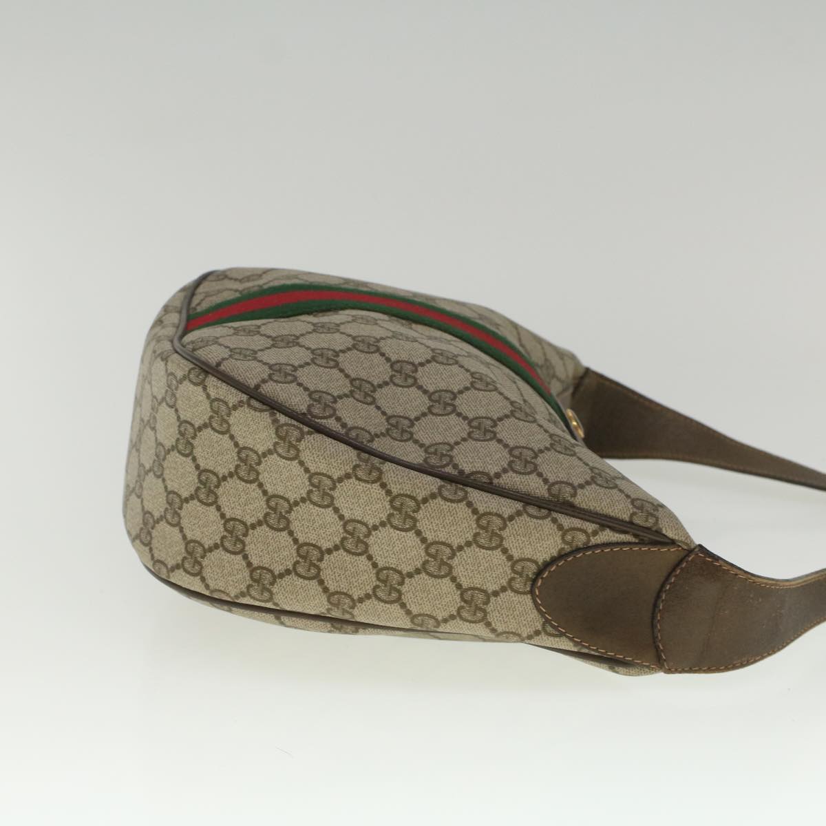 GUCCI GG Canvas Web Sherry Line Shoulder Bag PVC Leather Beige Green Auth yk8891