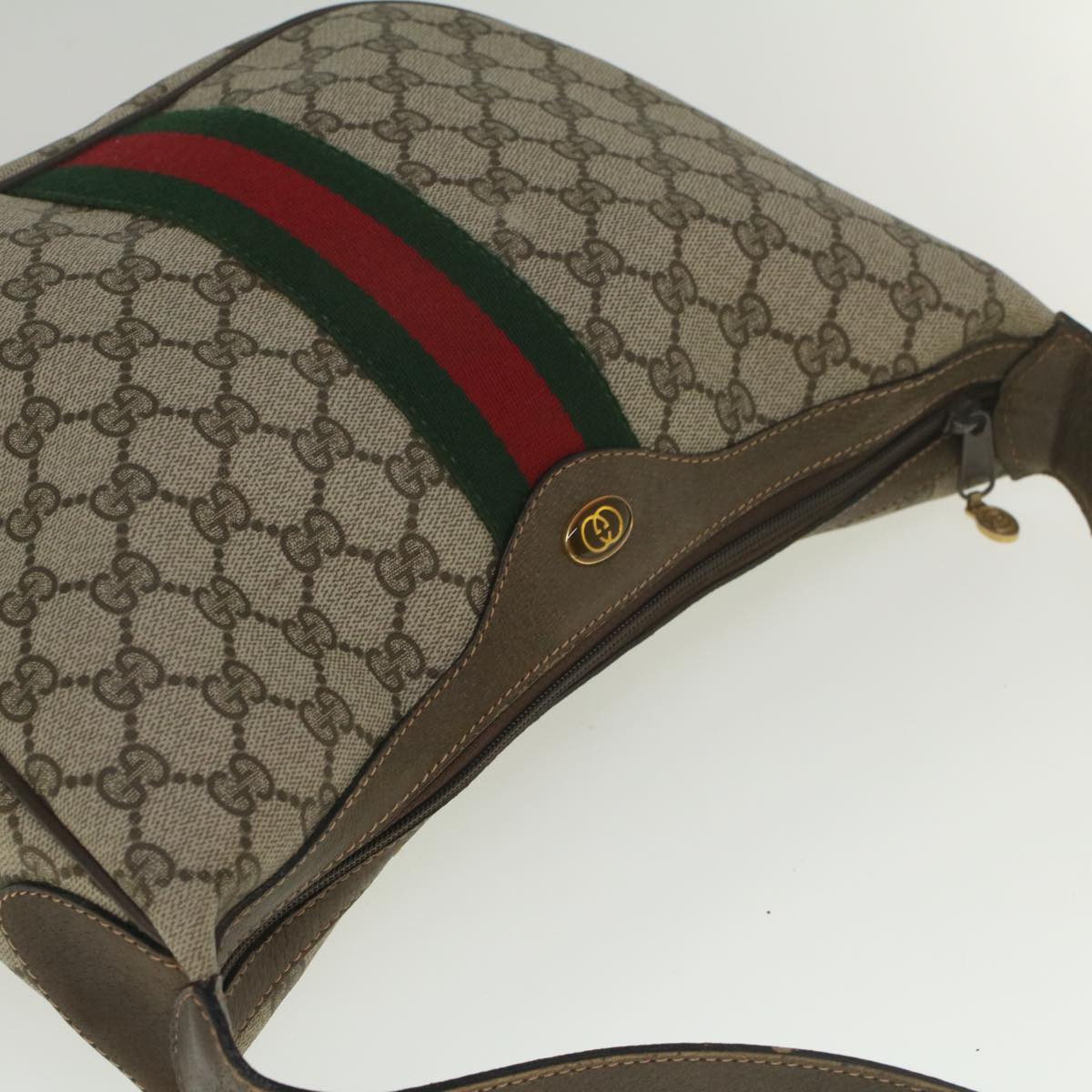 GUCCI GG Canvas Web Sherry Line Shoulder Bag PVC Leather Beige Green Auth yk8891