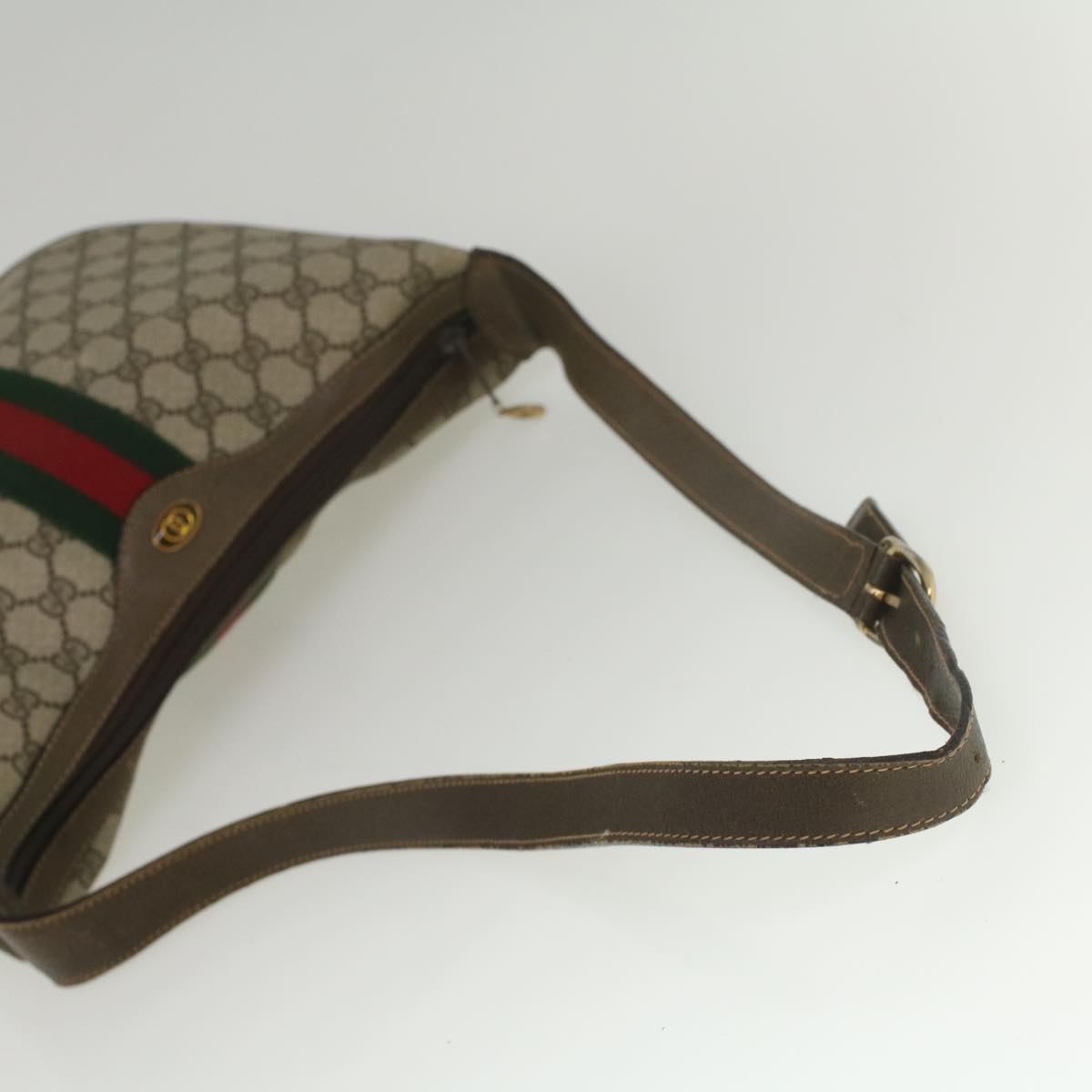 GUCCI GG Canvas Web Sherry Line Shoulder Bag PVC Leather Beige Green Auth yk8891