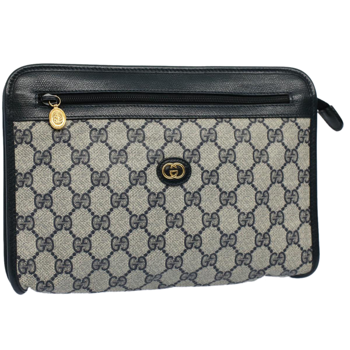 GUCCI GG Supreme Clutch Bag PVC Leather Navy Gray 014 115 Auth yk8933