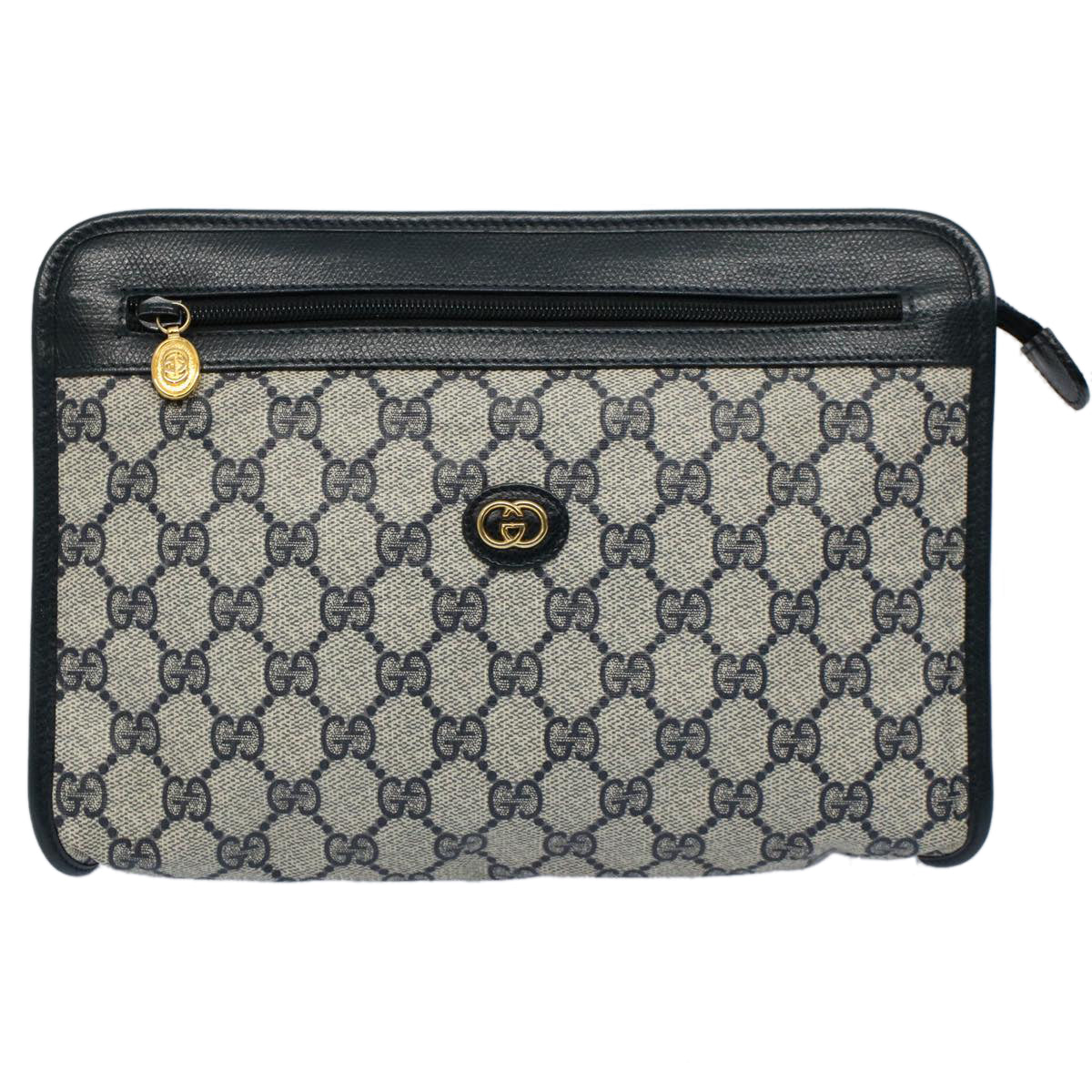 GUCCI GG Supreme Clutch Bag PVC Leather Navy Gray 014 115 Auth yk8933