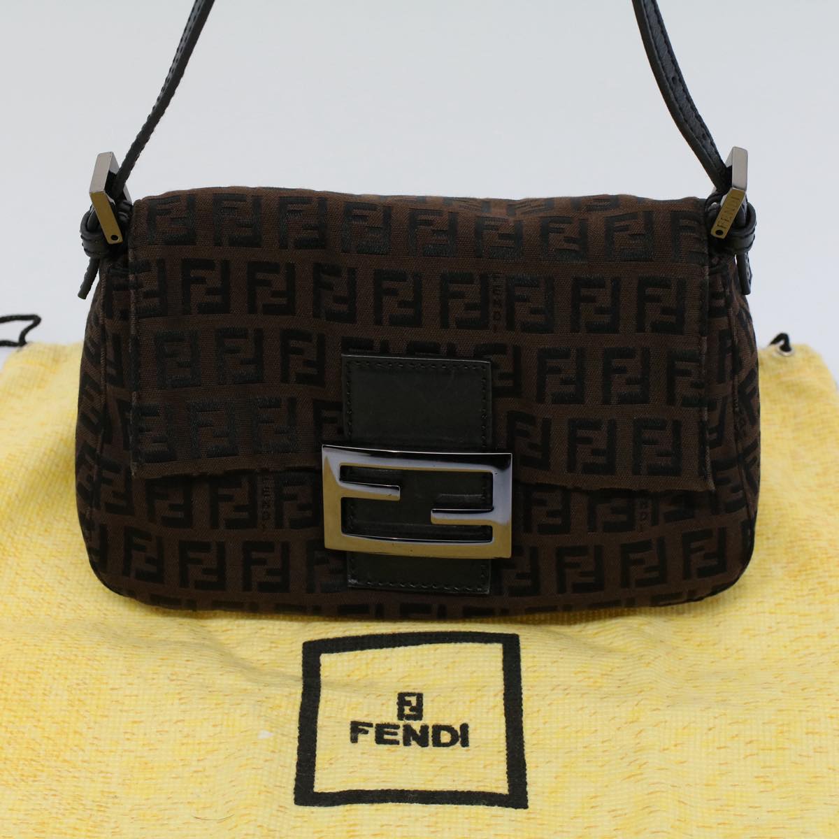 FENDI Zucchino Canvas Mini Mamma Baguette Shoulder Bag Brown Auth yk9034