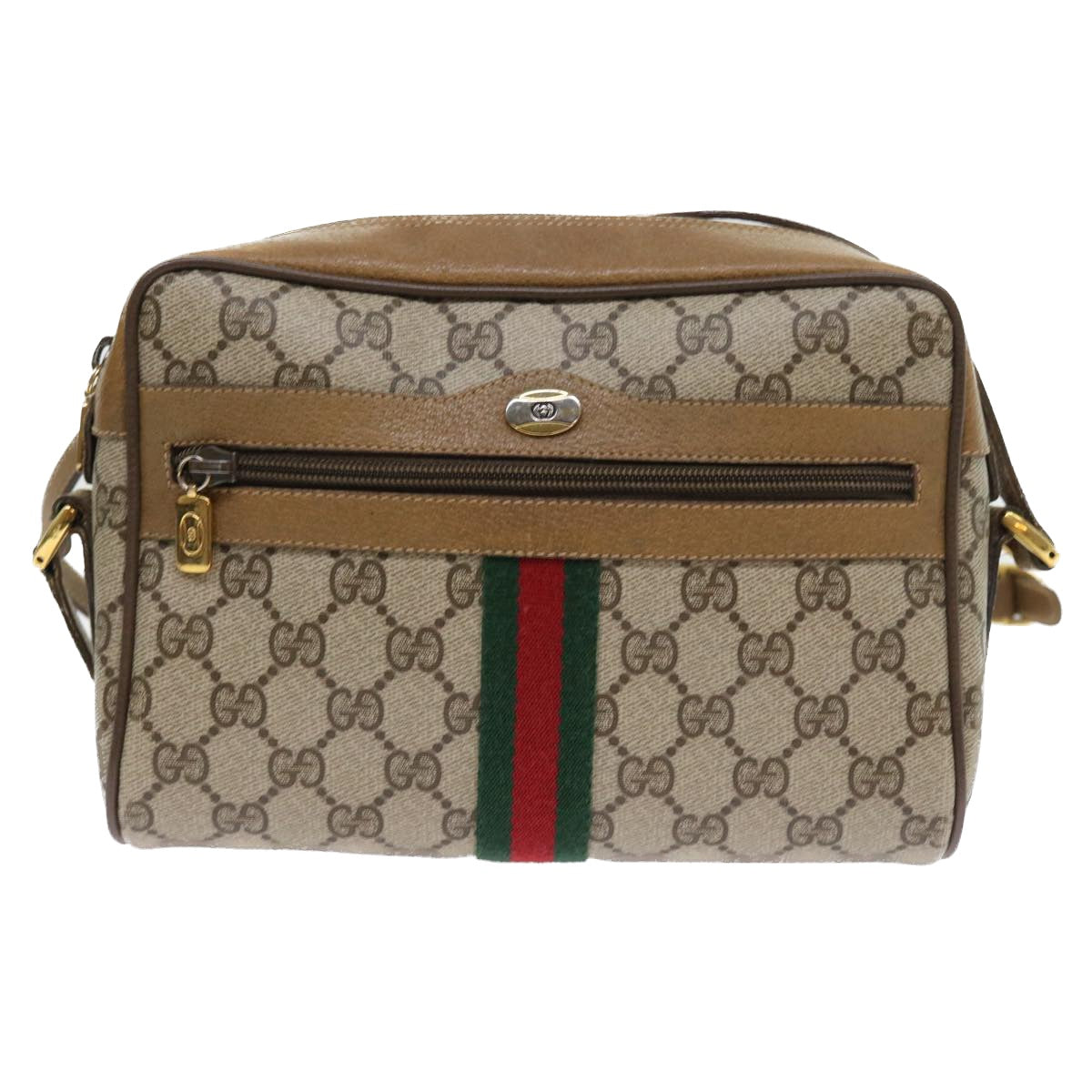 GUCCI GG Supreme Web Sherry Line Shoulder Bag Beige Green 98 02 004 Auth yk9045