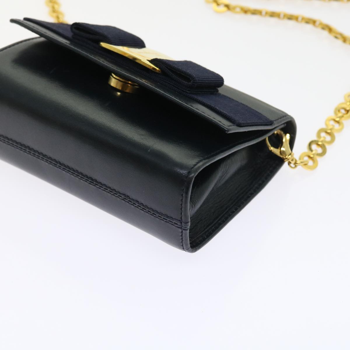 Salvatore Ferragamo Chain Shoulder Bag Leather Navy Auth yk9123