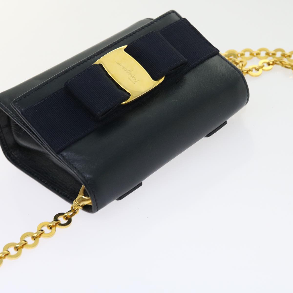 Salvatore Ferragamo Chain Shoulder Bag Leather Navy Auth yk9123