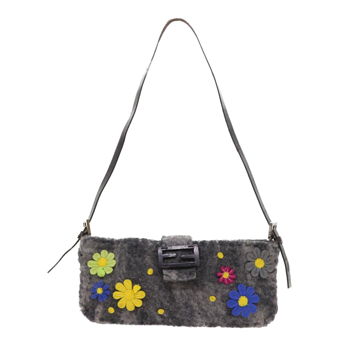 FENDI Flower Mamma Baguette Shoulder Bag Wool Multicolor Auth yk9152