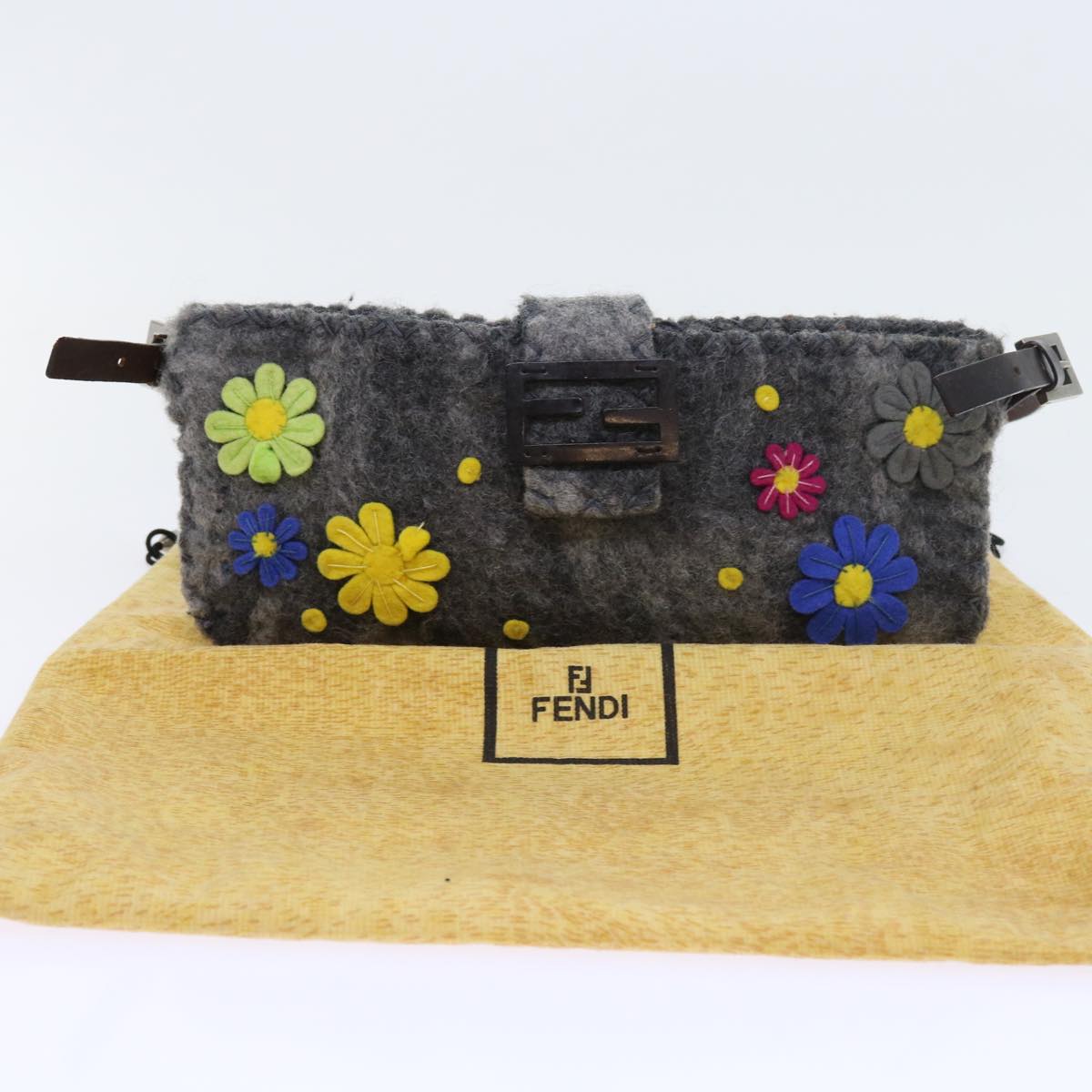 FENDI Flower Mamma Baguette Shoulder Bag Wool Multicolor Auth yk9152