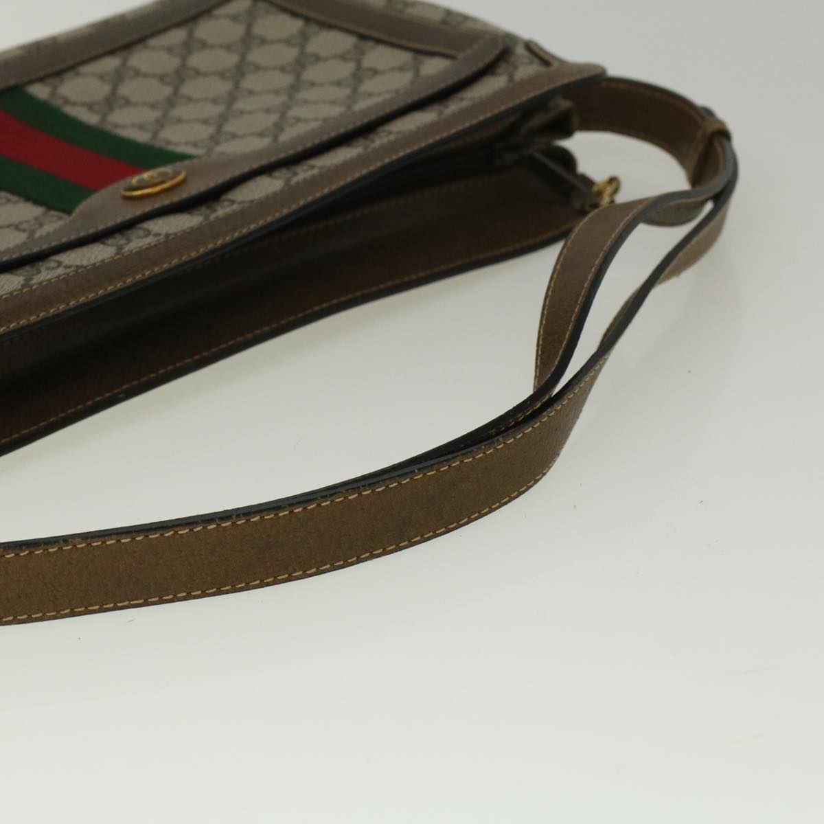 GUCCI GG Canvas Web Sherry Line Shoulder Bag PVC Leather Beige Green Auth yk9207