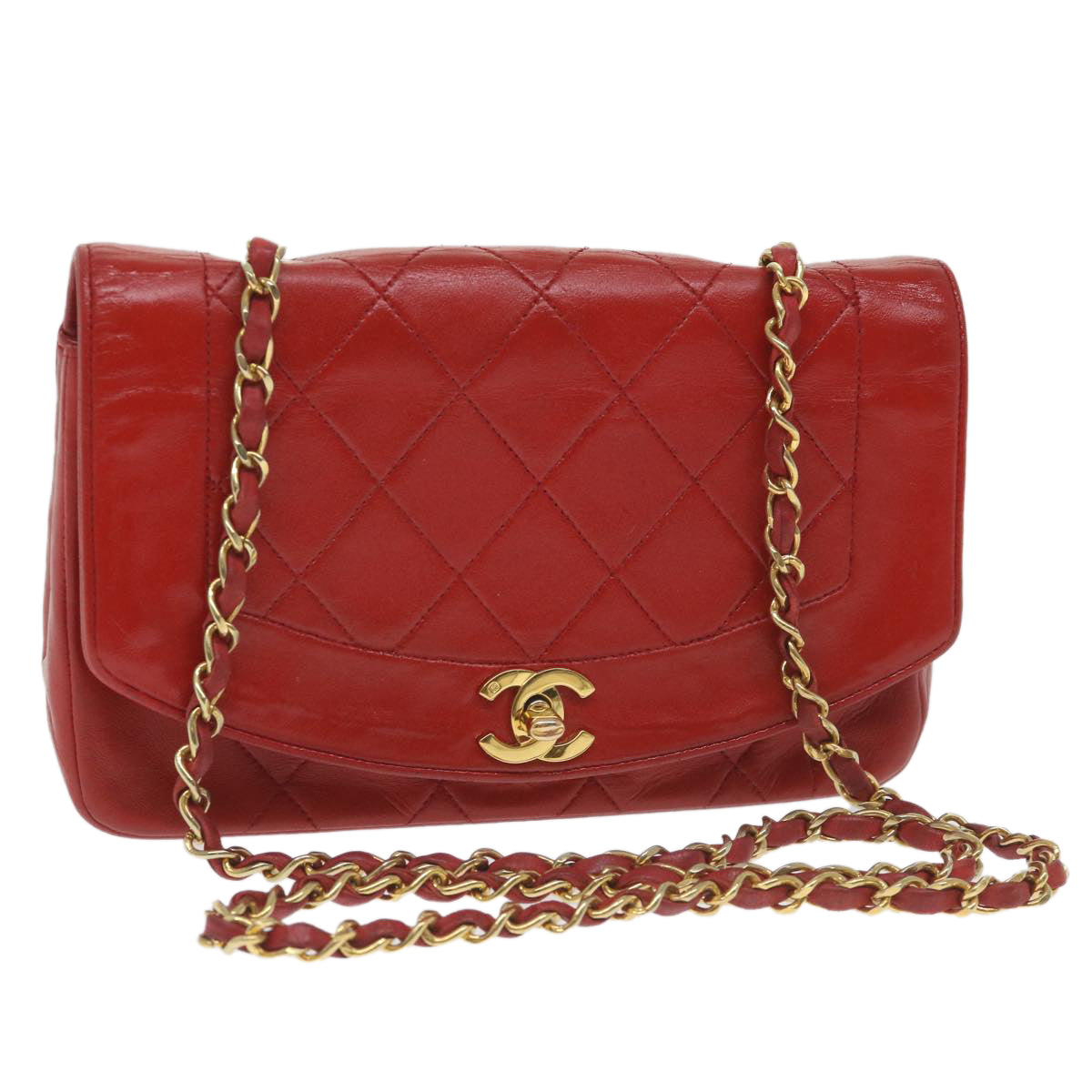 CHANEL Turn Lock Chain Diana Shoulder Bag Lamb Skin Red CC Auth yk9326