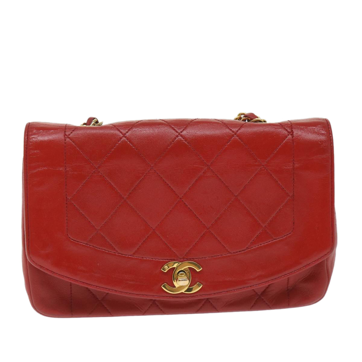 CHANEL Turn Lock Chain Diana Shoulder Bag Lamb Skin Red CC Auth yk9326