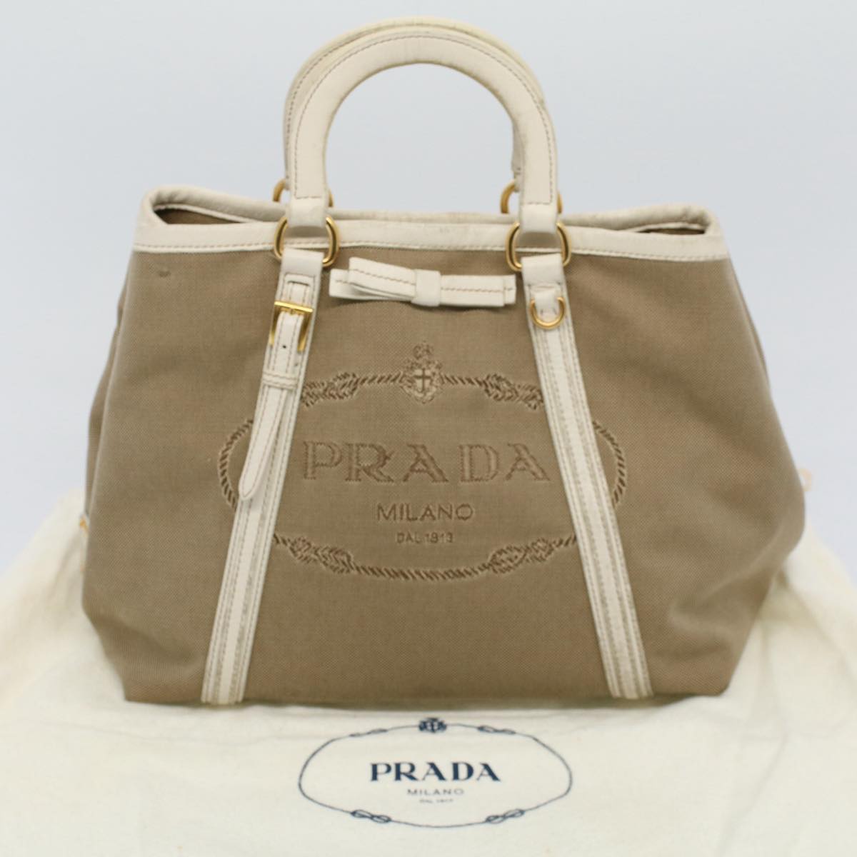 PRADA Hand Bag Canvas Beige Auth yk9362