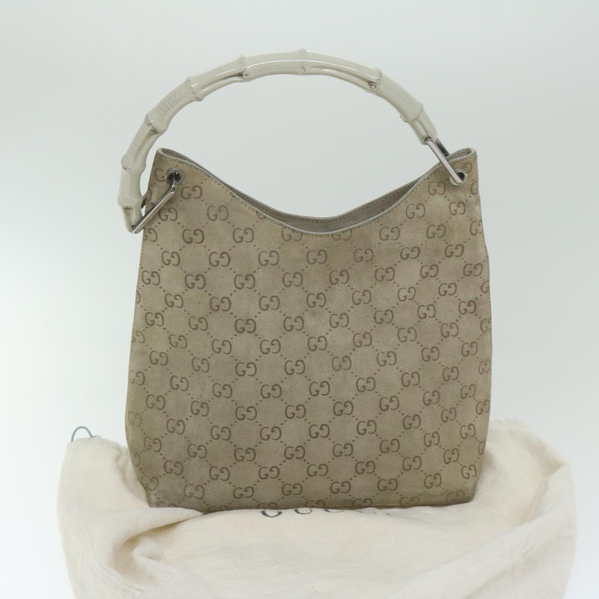 GUCCI GG Canvas Bamboo Shoulder Bag Gray 001 2058 3007 Auth yk9522