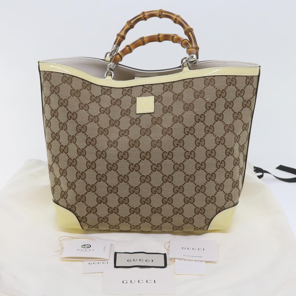 GUCCI GG Canvas Bamboo Hand Bag Beige 311175 Auth yk9538