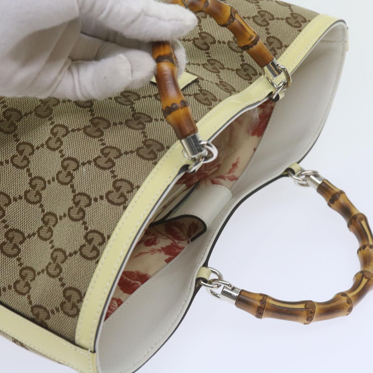 GUCCI GG Canvas Bamboo Hand Bag Beige 311175 Auth yk9538