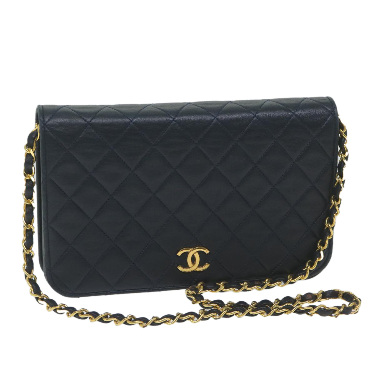 CHANEL Matelasse Chain Shoulder Bag Lamb Skin Navy CC Auth yk9632