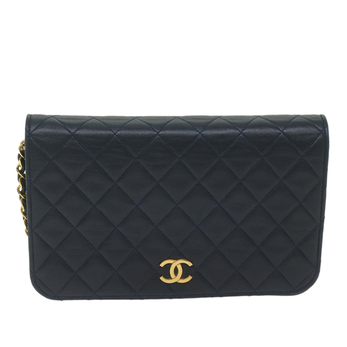 CHANEL Matelasse Chain Shoulder Bag Lamb Skin Navy CC Auth yk9632