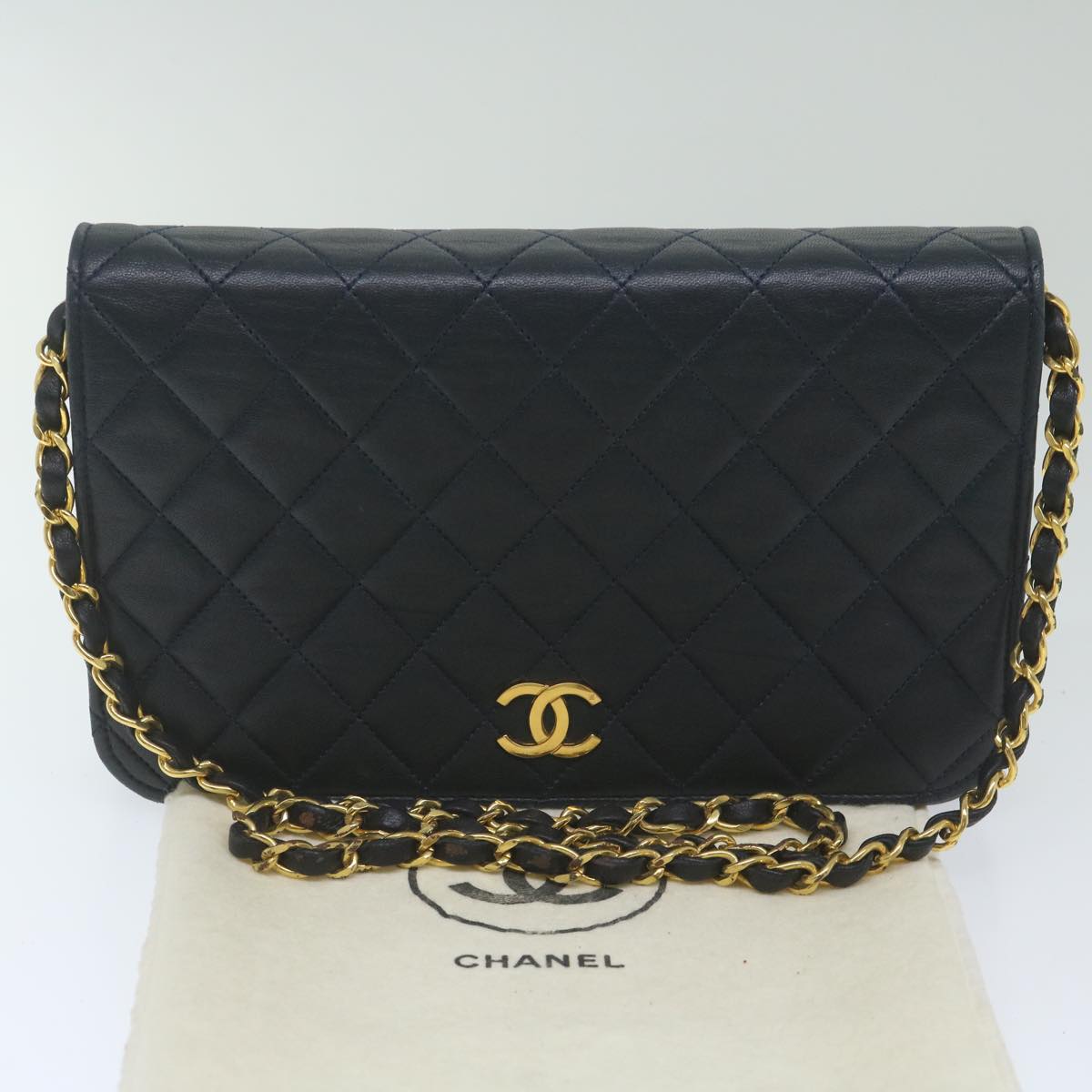 CHANEL Matelasse Chain Shoulder Bag Lamb Skin Navy CC Auth yk9632