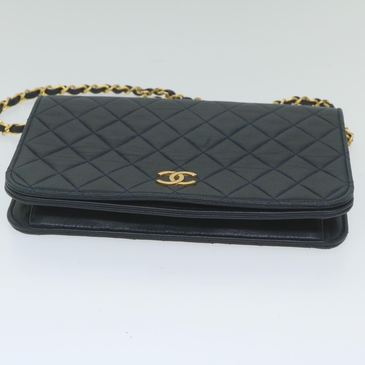 CHANEL Matelasse Chain Shoulder Bag Lamb Skin Navy CC Auth yk9632